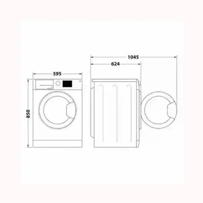 Disegno tecnico lavasciuga Hotpoint con misure altezza 850 larghezza 595 e profondità 1045 millimetri