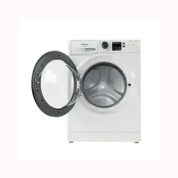 Lavatrice HOTPOINT bianca a carica frontale con porta aperta e pannello di controllo digitale