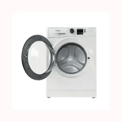 Lavatrice HOTPOINT bianca a carica frontale con porta aperta e pannello di controllo digitale