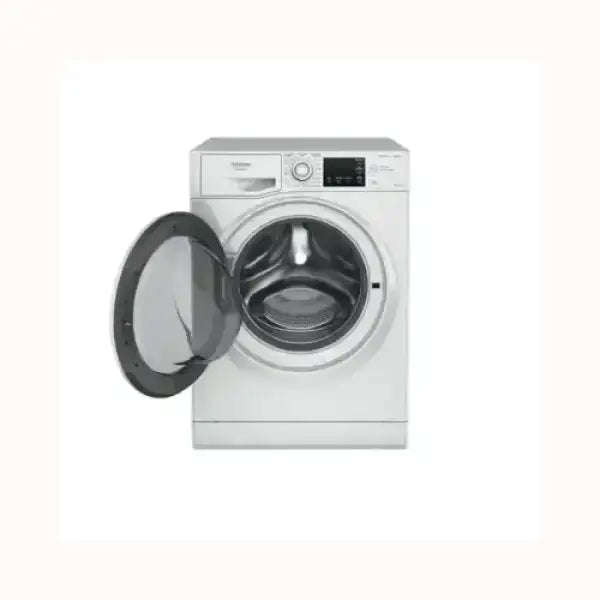 Lavasciuga HOTPOINT bianca con oblò aperto e pannello di controllo digitale moderno