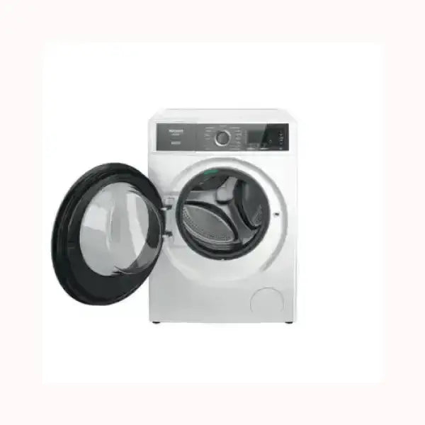Lavatrice HOTPOINT frontale bianca con porta aperta e pannello di controllo digitale