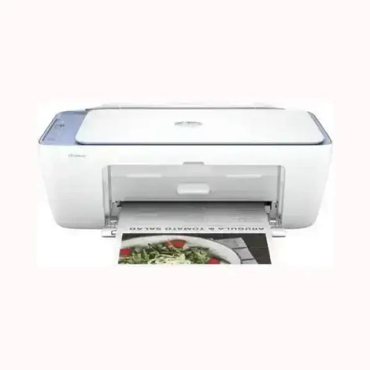 Stampante HP DeskJet bianca con stampa di una foto a colori in corso