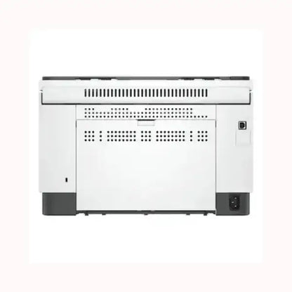 Stampante HP MULTIFUNZIONE bianca vista posteriore con porte di connessione e ventole di raffreddamento