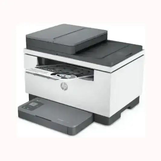 Stampante multifunzione HP bianca e nera con scanner e vassoio di uscita carta