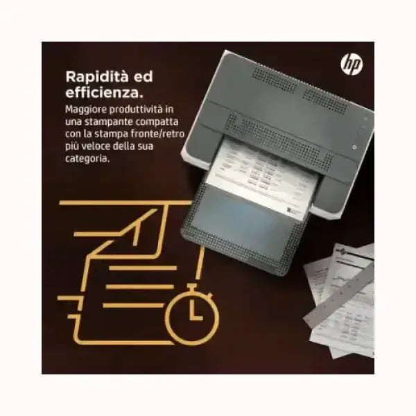 Stampante HP compatta con stampa fronte retro veloce e alta produttività su sfondo scuro