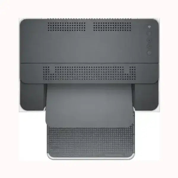 Stampante HP compatta e moderna vista dall'alto con uscita carta e design nero