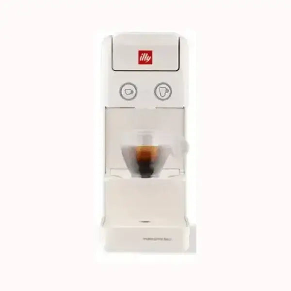 Machine à café compacte blanche Illy avec tasses et boutons pour expresso et cappuccino