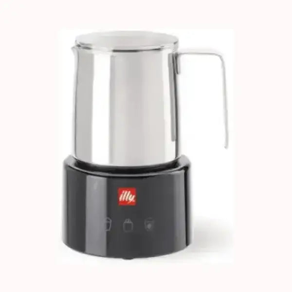 Petit appareil illy pour faire du cappuccino avec corps noir et verseuse en acier inoxydable