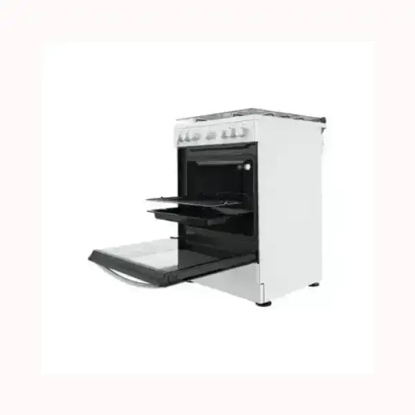Cucina INDESIT bianca con forno aperto e piano cottura a gas con manopole