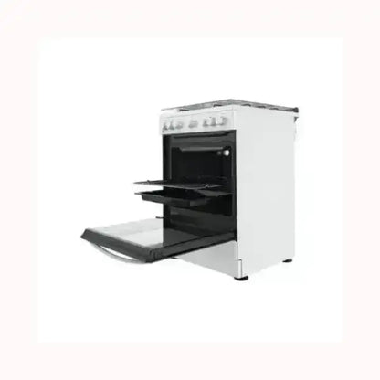 Cucina INDESIT bianca con forno aperto e piano cottura a gas con manopole