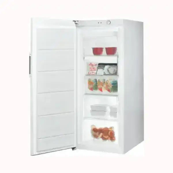 Congelatore verticale bianco INDESIT con porte aperte e scomparti interni visibili