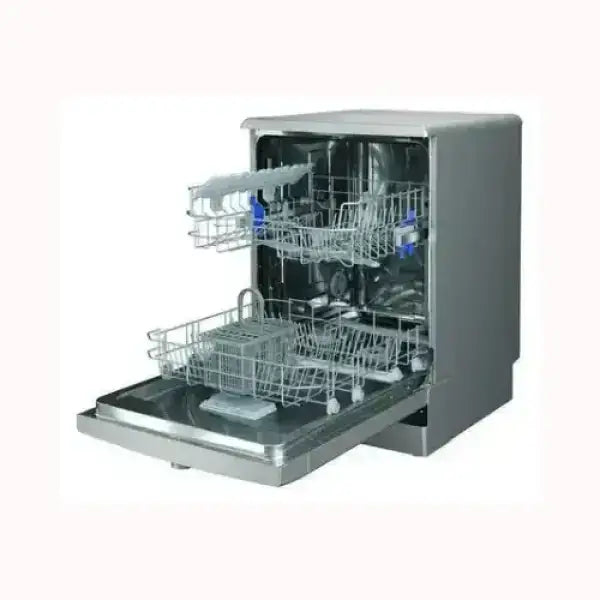 Lavastoviglie INDESIT aperta con due cestelli grigi e struttura in acciaio inox