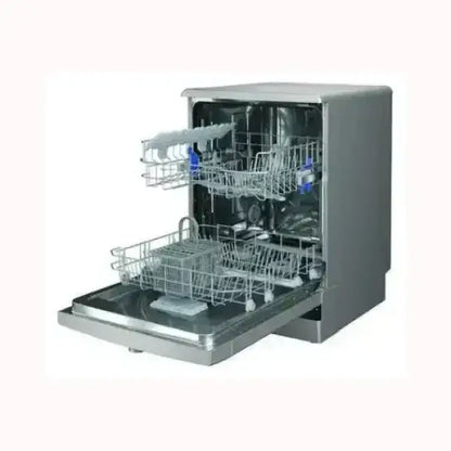 Lavastoviglie INDESIT aperta con due cestelli grigi e struttura in acciaio inox