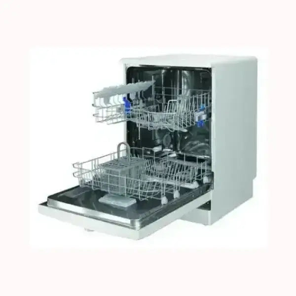 Lavastoviglie INDESIT compatta bianca con cestelli regolabili e porta aperta