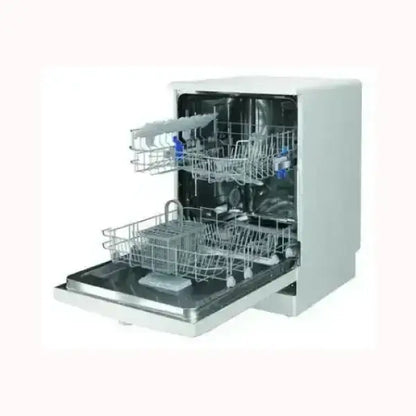 Lavastoviglie INDESIT compatta bianca con cestelli regolabili e porta aperta