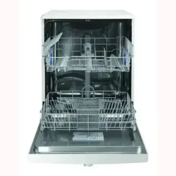 Lavastoviglie INDESIT con porta aperta e due cestelli per piatti e posate