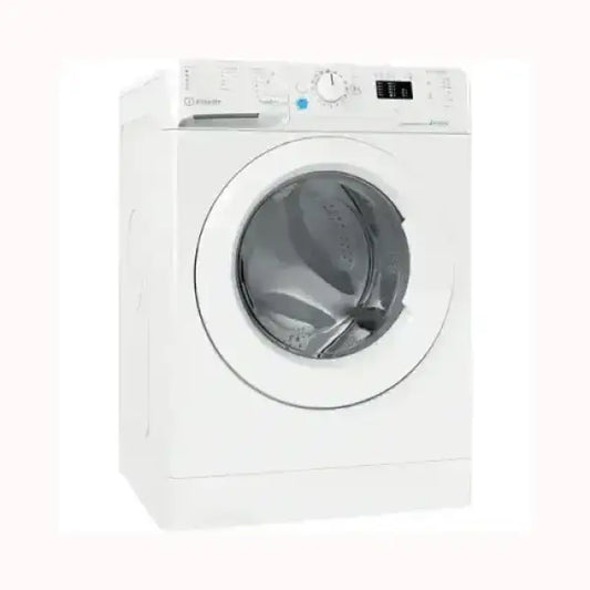 Lavatrice bianca INDESIT a carica frontale con pannello di controllo digitale e selettore programmi