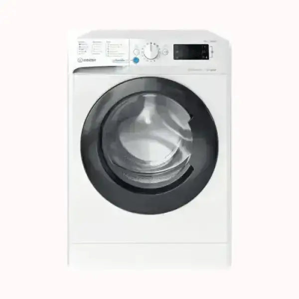 Lavatrice INDESIT bianca a carica frontale con oblò nero e pannello di controllo digitale