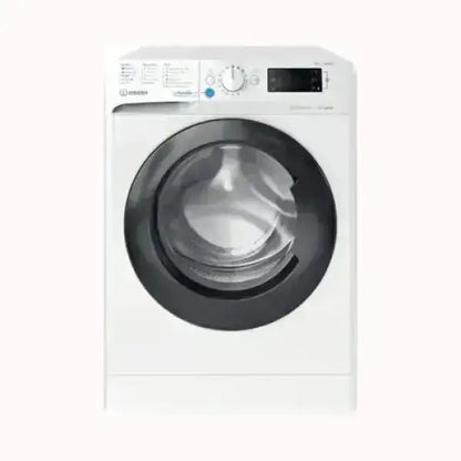 Lavatrice INDESIT bianca a carica frontale con oblò nero e pannello di controllo digitale