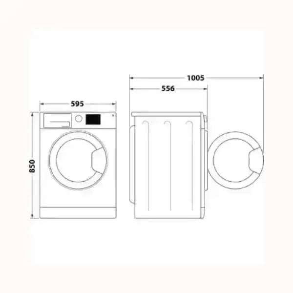 Schema dimensionale lavatrice INDESIT con porta anteriore e misure dettagliate in millimetri