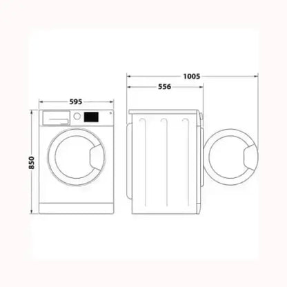 Schema dimensionale lavatrice INDESIT con porta anteriore e misure dettagliate in millimetri