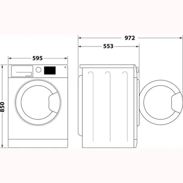 Disegno tecnico lavatrice Indesit con dimensioni altezza 850 mm larghezza 595 mm profondità 972 mm