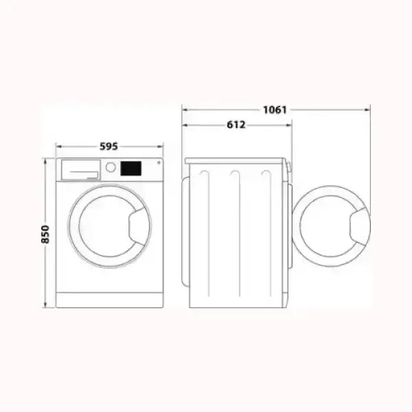 Schema tecnico lavatrice INDESIT con misure 850x595x612 mm e apertura porta frontale