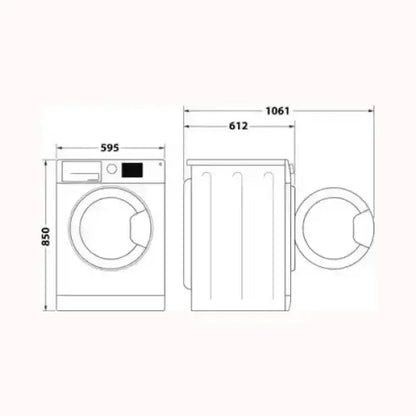 Schema tecnico lavatrice INDESIT con misure 850x595x612 mm e apertura porta frontale