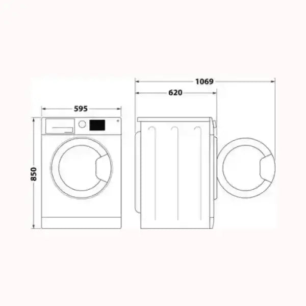 Schema tecnico lavatrice INDESIT con misure altezza 850 mm larghezza 595 mm profondità 620 mm