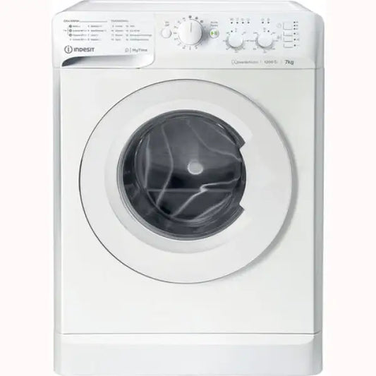 Lavatrice Indesit bianca con capacità 7 kg e selettore programmi frontale