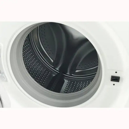 Interno tamburo lavatrice Indesit con struttura in acciaio inox e apertura frontale bianca
