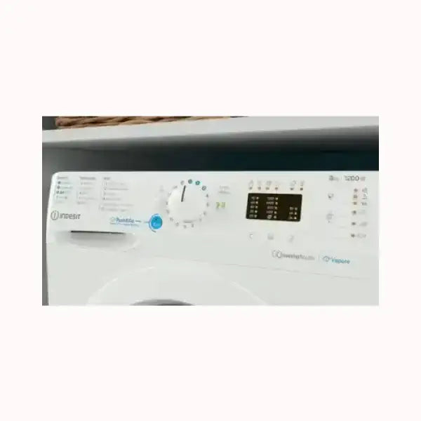 Pannello di controllo lavatrice INDESIT con selettore programmi e display digitale bianco