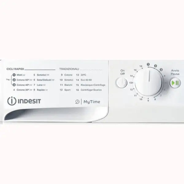 Lavatrici Indesit bianca con pannello di controllo MyTime e selettore programmi cicli rapidi e tradizionali