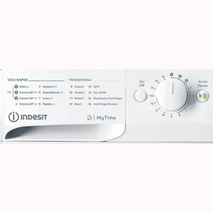 Lavatrici Indesit bianca con pannello di controllo MyTime e selettore programmi cicli rapidi e tradizionali