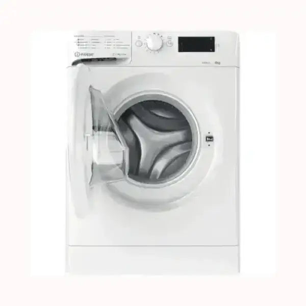 Lavatrice INDESIT frontale bianca con carica da 6 kg e porta trasparente aperta