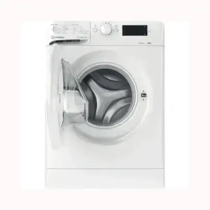 Lavatrice INDESIT frontale bianca con carica da 6 kg e porta trasparente aperta