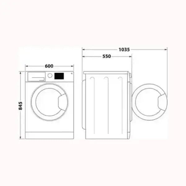 Schema tecnico lavatrice INDESIT con dimensioni altezza 845 mm larghezza 600 mm profondità 550 mm e porta aperta