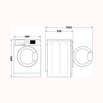 Schema tecnico lavatrice INDESIT con dimensioni altezza 845 mm larghezza 600 mm profondità 550 mm e porta aperta