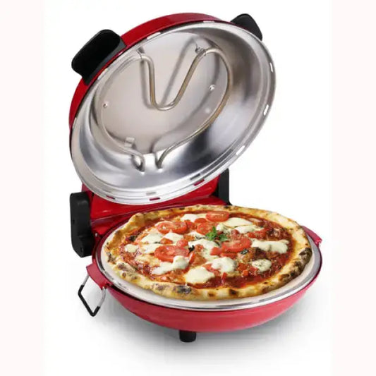 Forno Pizza Innoliving rosso con pizza cotta su pietra per cottura rapida e uniforme