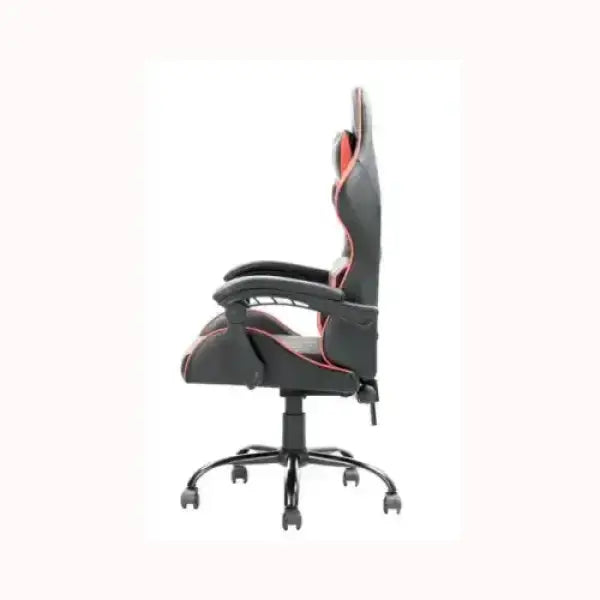 Sedia da gaming ITEK nera con dettagli rossi e base girevole con ruote per accessori informatica