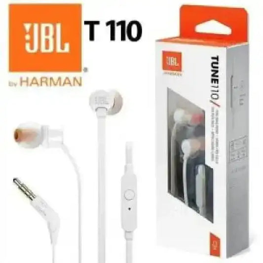 Cuffie auricolari cablate bianche JBL T110 con microfono in linea e jack 3,5 mm e confezione retail