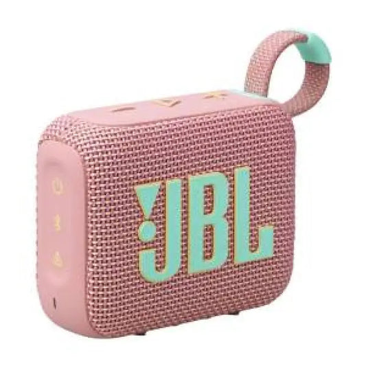 Altoparlante portatile JBL GO4 rosa con logo verde acqua e design compatto per audio in movimento