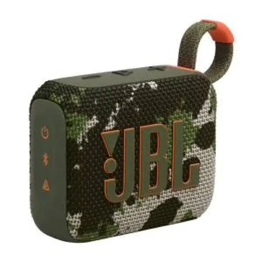 Altoparlante portatile JBL GO4 con design mimetico verde e logo arancione per audio wireless