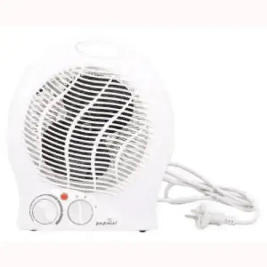 Piccolo riscaldatore elettrico bianco Joytech con due manopole di controllo e presa elettrica