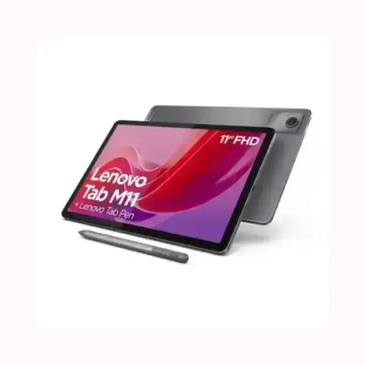 lenovo tablet grigio 11 pollici FHD con stilo inclusa vista frontale e retro con fotocamera posteriore