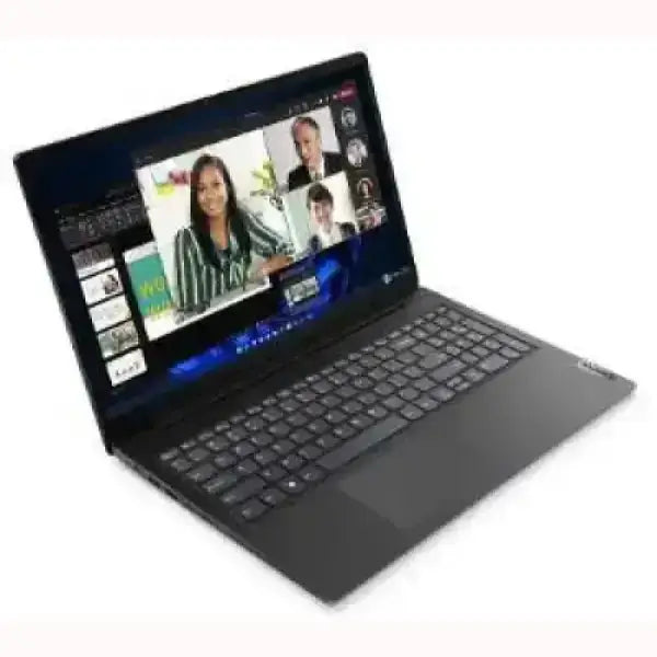 Notebook Lenovo nero aperto con videoconferenza e tastiera completa per smart working