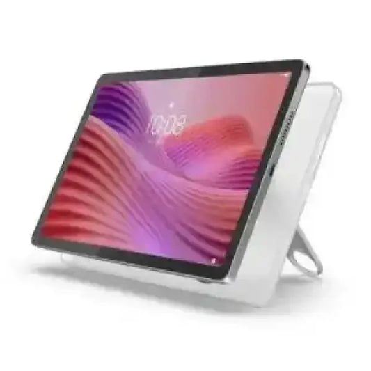 Tablet Lenovo grigio con schermo a onde colorate su supporto pieghevole vista angolare frontale