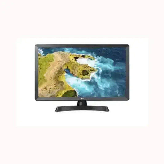 Televisore LG LED 24 pollici con cornice sottile, supporto centrale e immagine paesaggio nitida per soggiorno