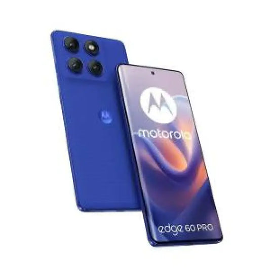 Smartphone Motorola Edge 60 Pro de couleur bleue avec triple caméra arrière et écran bord à bord
