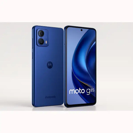 Smartphone Motorola Moto G85 blu con doppia fotocamera posteriore e schermo intero con foro anteriore